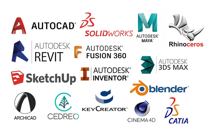 Sammlung von Logos von 3D Software in der unsere 3D Modelle genutzt werden können