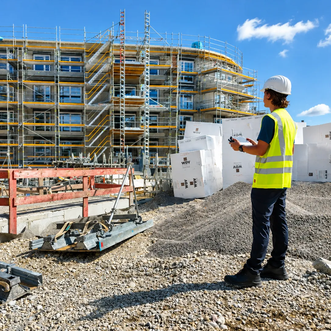 Eine Person in Warnweste steuert eine Drohne auf einer Baustelle