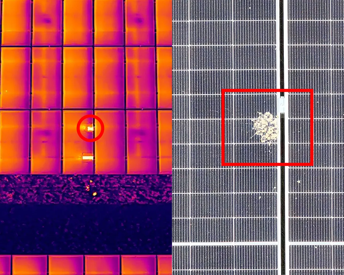 Zwei Bilder nebeneinander, eins zeigt die termografische Aufnahme, das andere eine RGB Aufnahme mit der Ursache