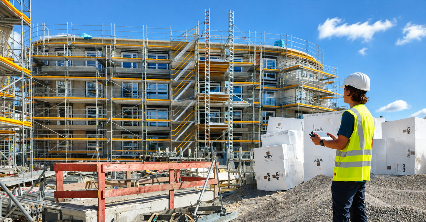 Drohnenpilot auf einer Baustelle während laufendem Betrieb