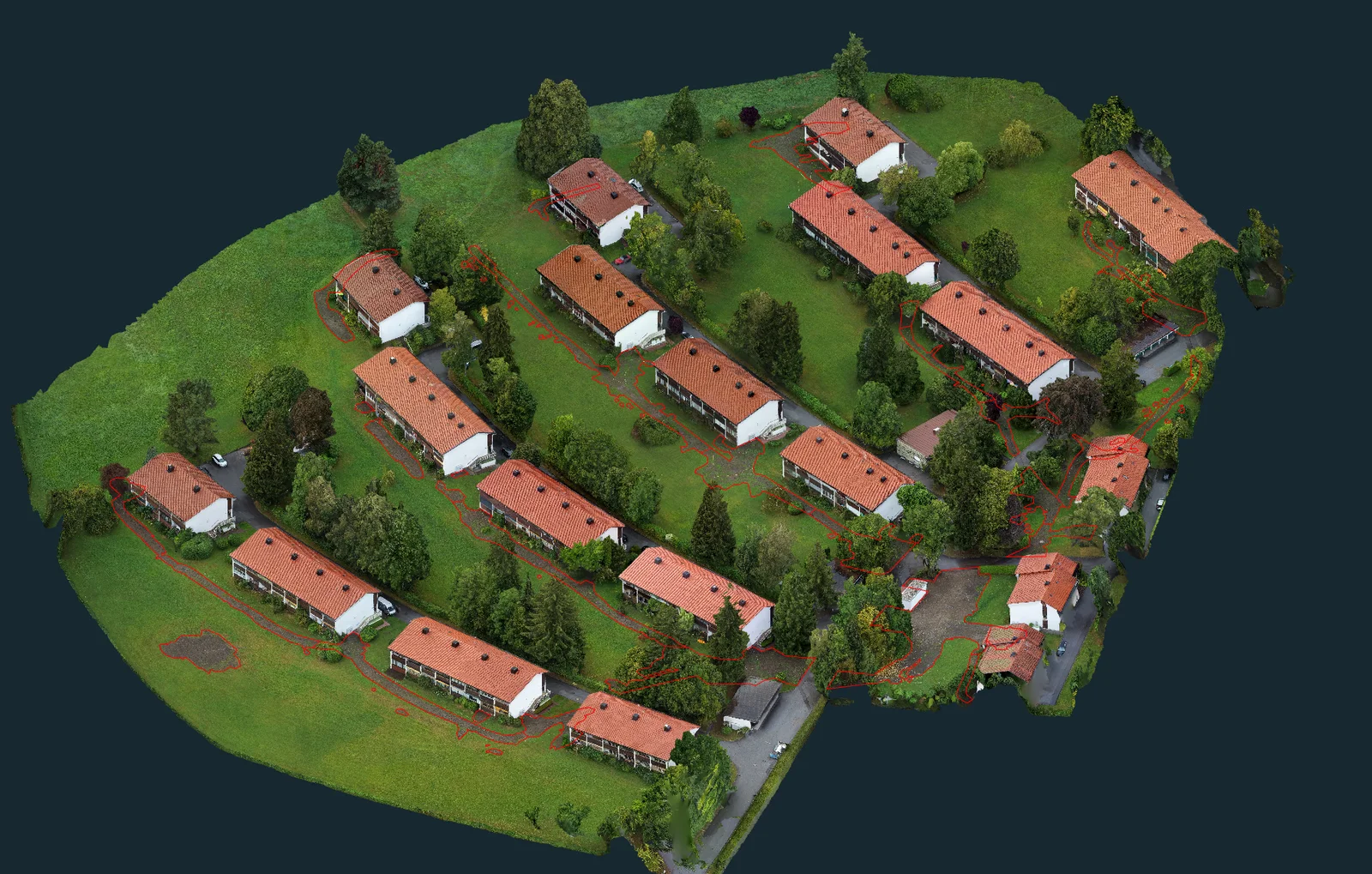 Am 3D-Modell abgegrenzte Flächen einer Wohnanlage am Tegernsee