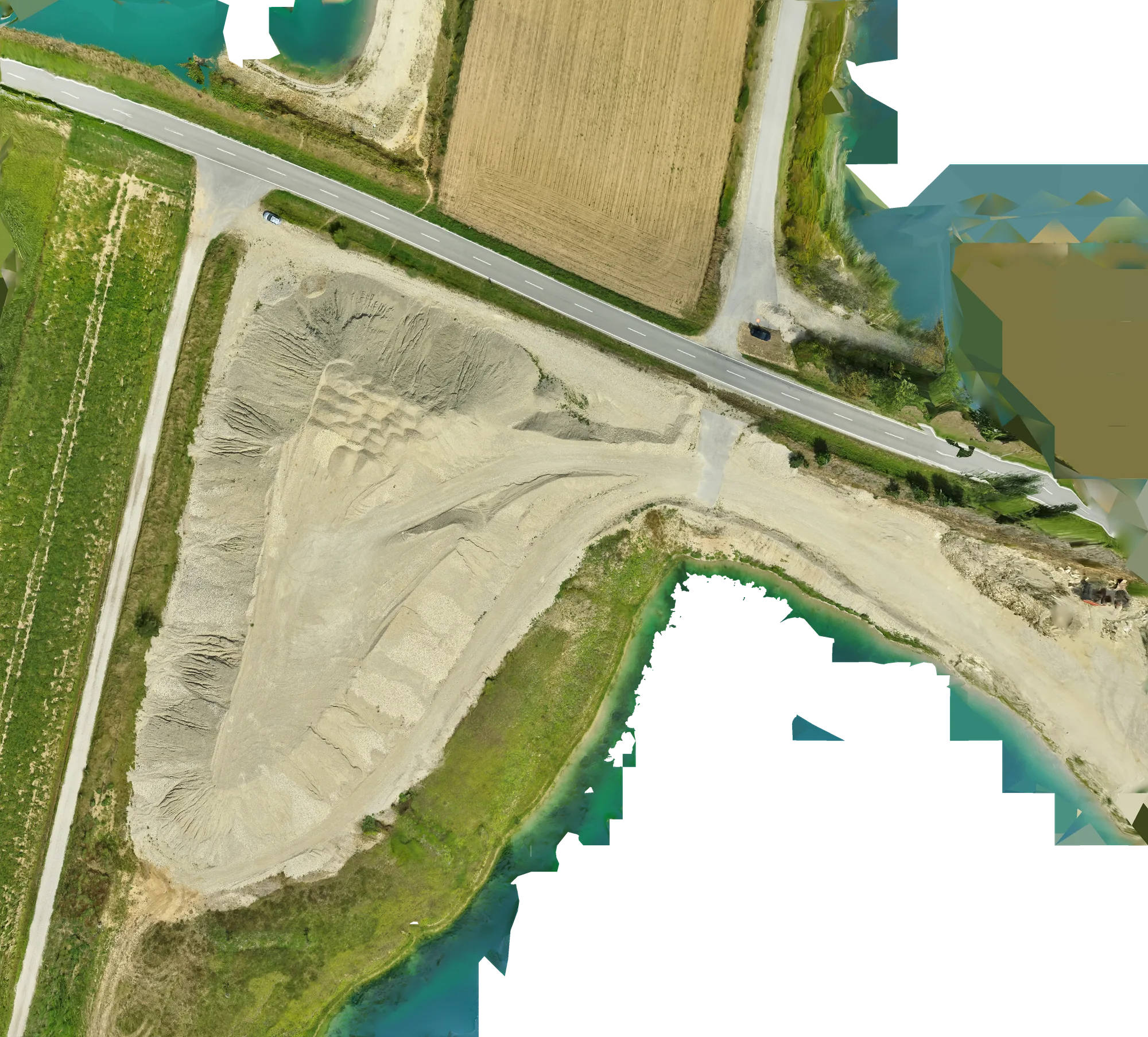Georeferenziertes Orthofoto des südlichen Lagerbereichs im Kieswerk Deggendorf aus Drohnenaufnahmen