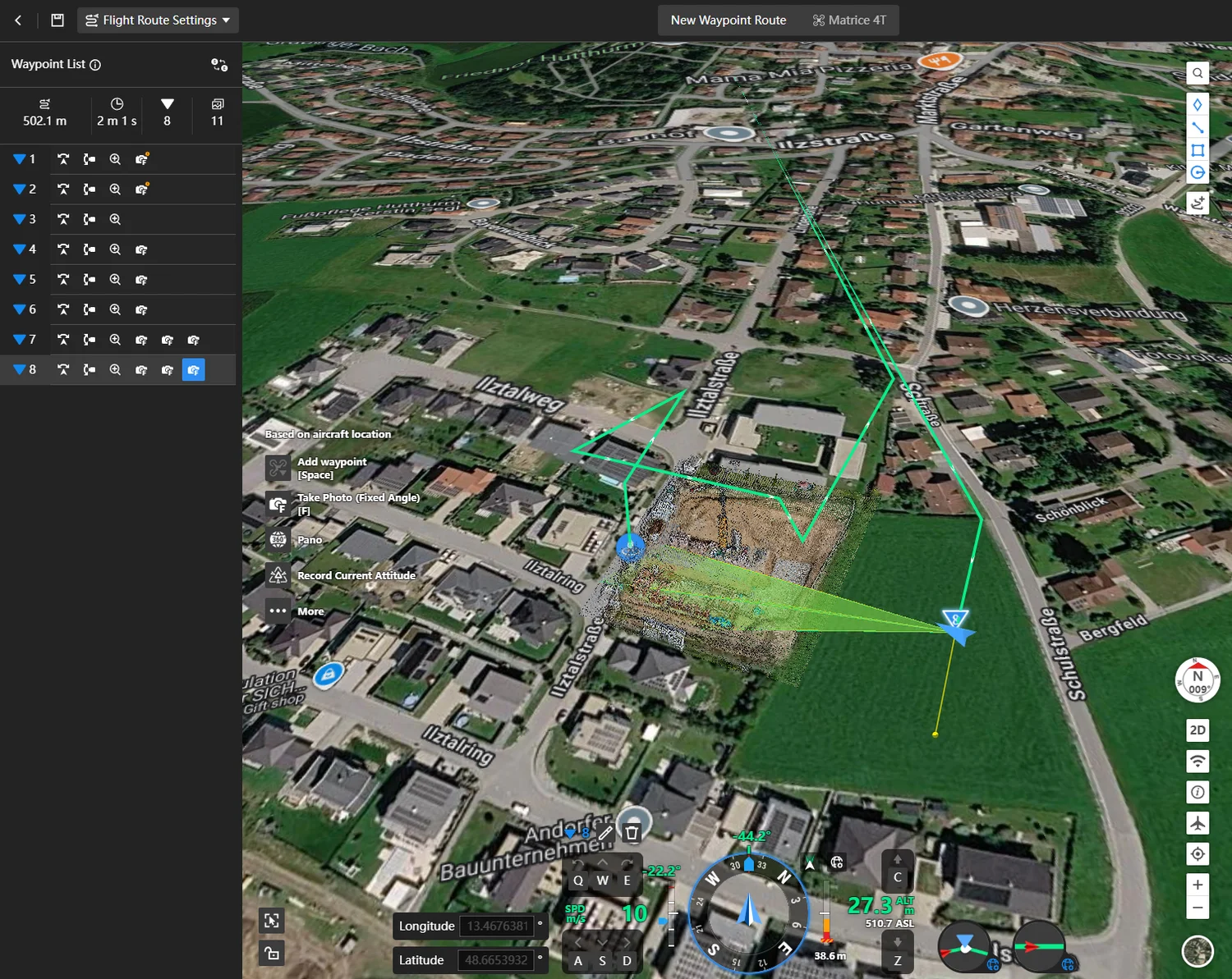 Gespeicherte Wegpunkt-Mission für die Baudokumentation in Hutthurm in der DJI-Flugplanung