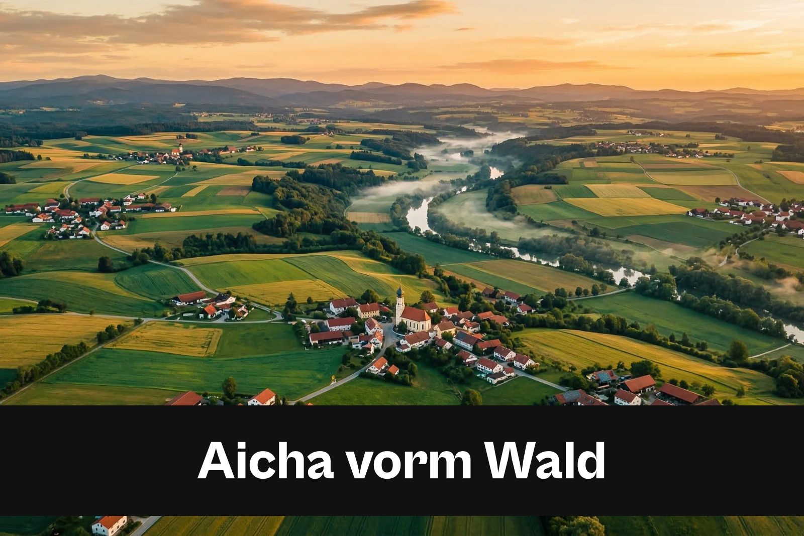 Drohnen-Luftaufnahme aus Aicha vorm Wald mit Standort-Badge