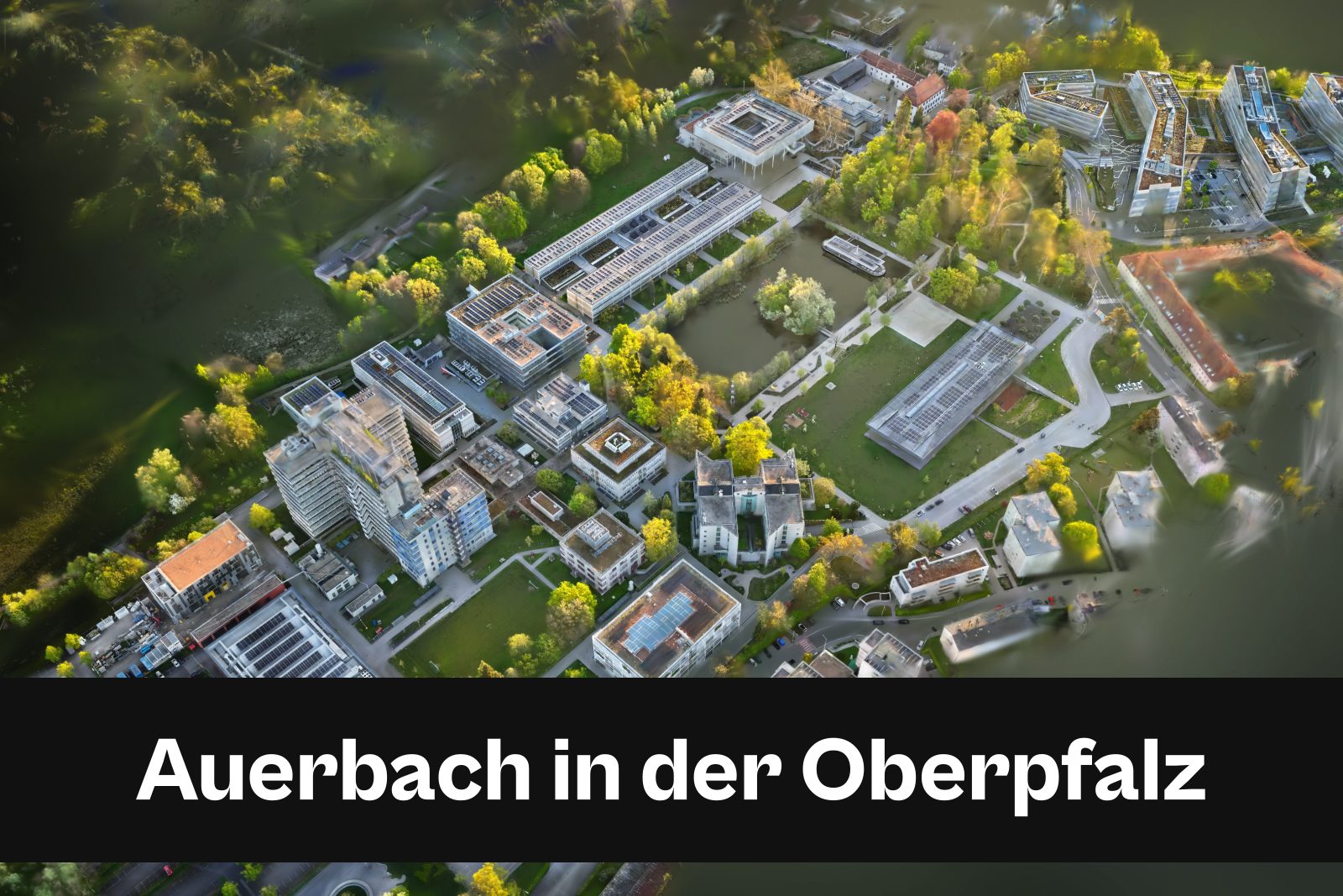 Drohnenaufnahme mit Standort-Badge für Auerbach in der Oberpfalz im Landkreis Amberg-Sulzbach