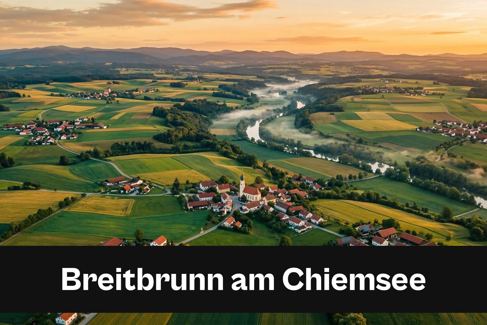 Drohnen-Luftaufnahme aus Breitbrunn am Chiemsee mit Standort-Badge