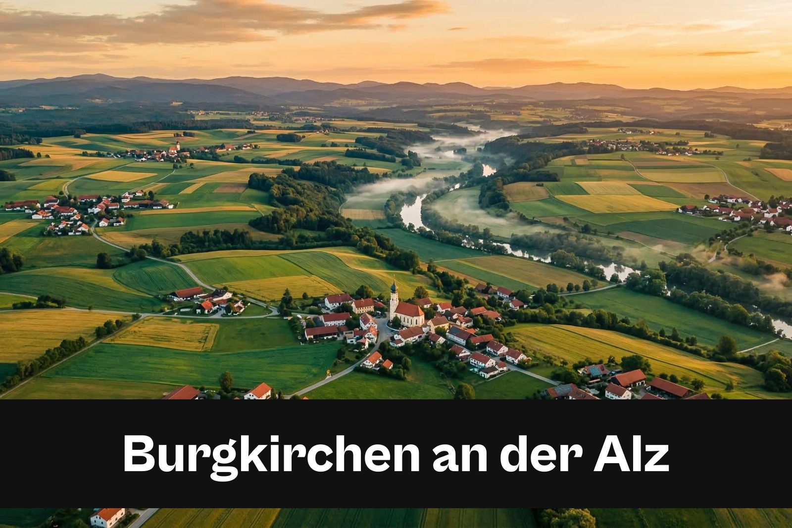 Drohnen-Luftaufnahme aus Burgkirchen an der Alz mit Standort-Badge