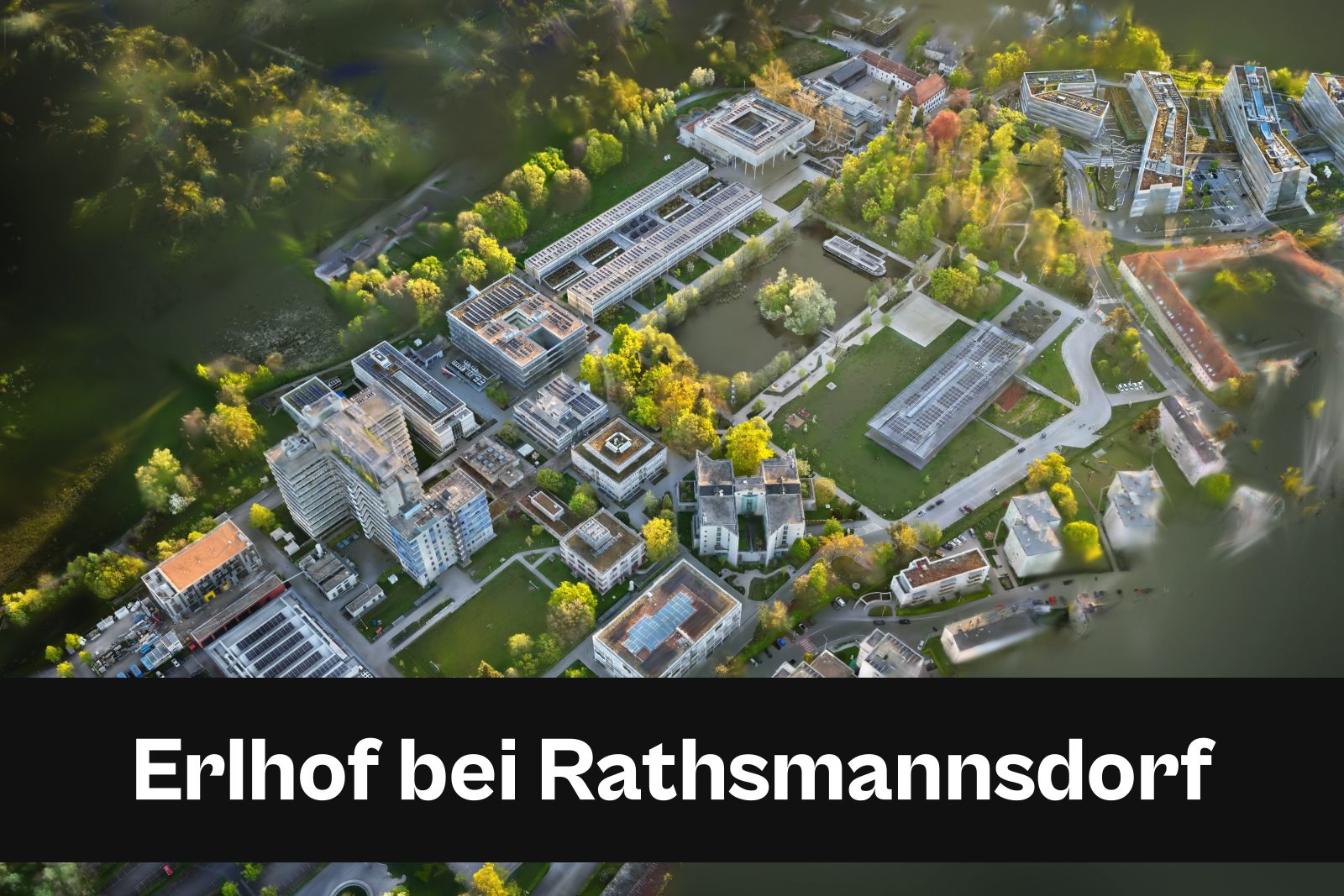 Drohnenaufnahme mit Standort-Badge für Erlhof bei Rathsmannsdorf im Kreisfreie Stadt Passau und Landkreis Passau