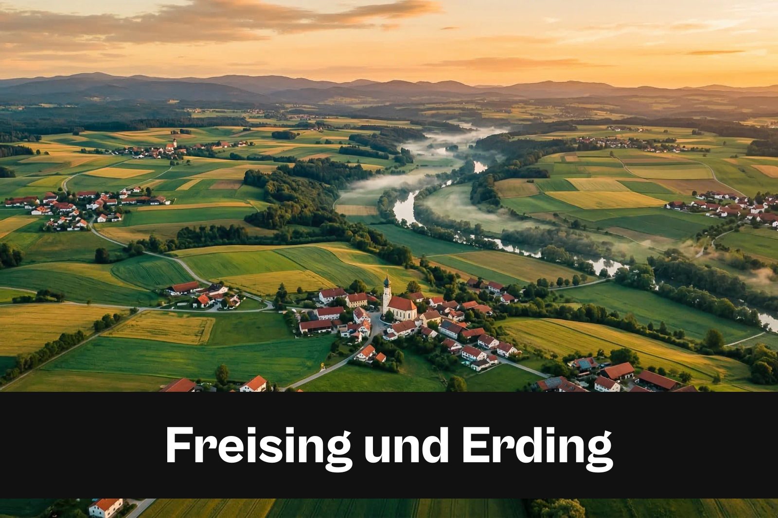 Drohnen-Luftaufnahme aus Freising und Erding mit Standort-Badge
