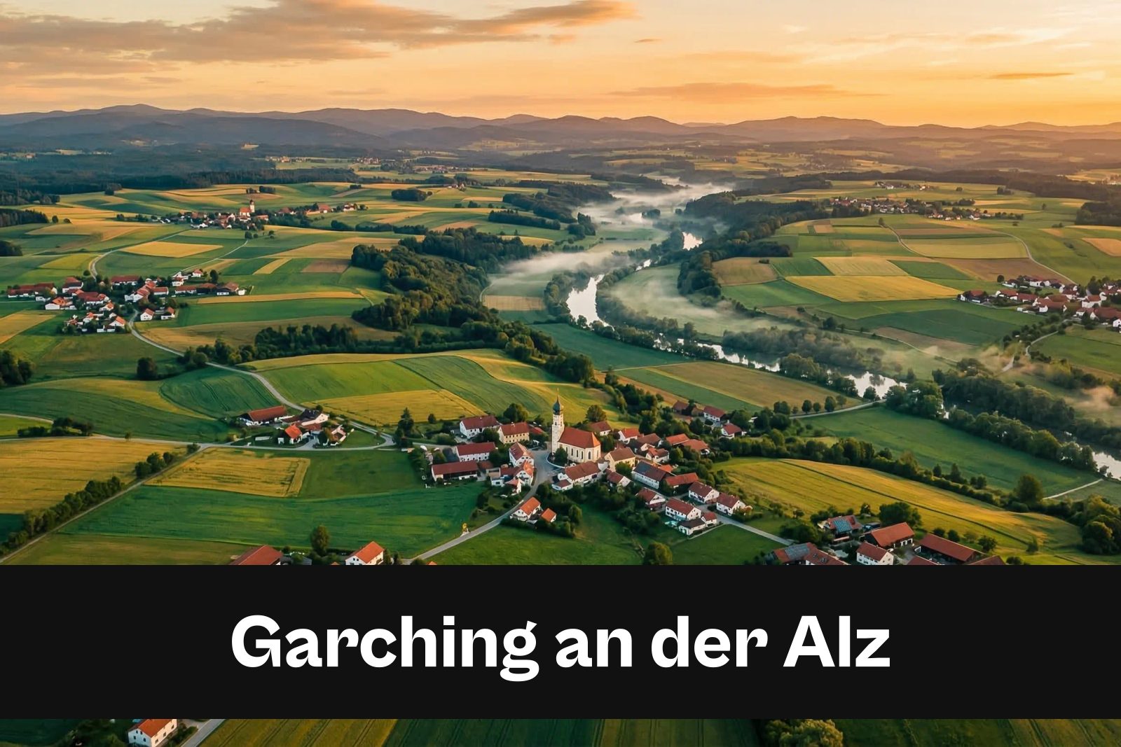 Drohnen-Luftaufnahme aus Garching an der Alz mit Standort-Badge