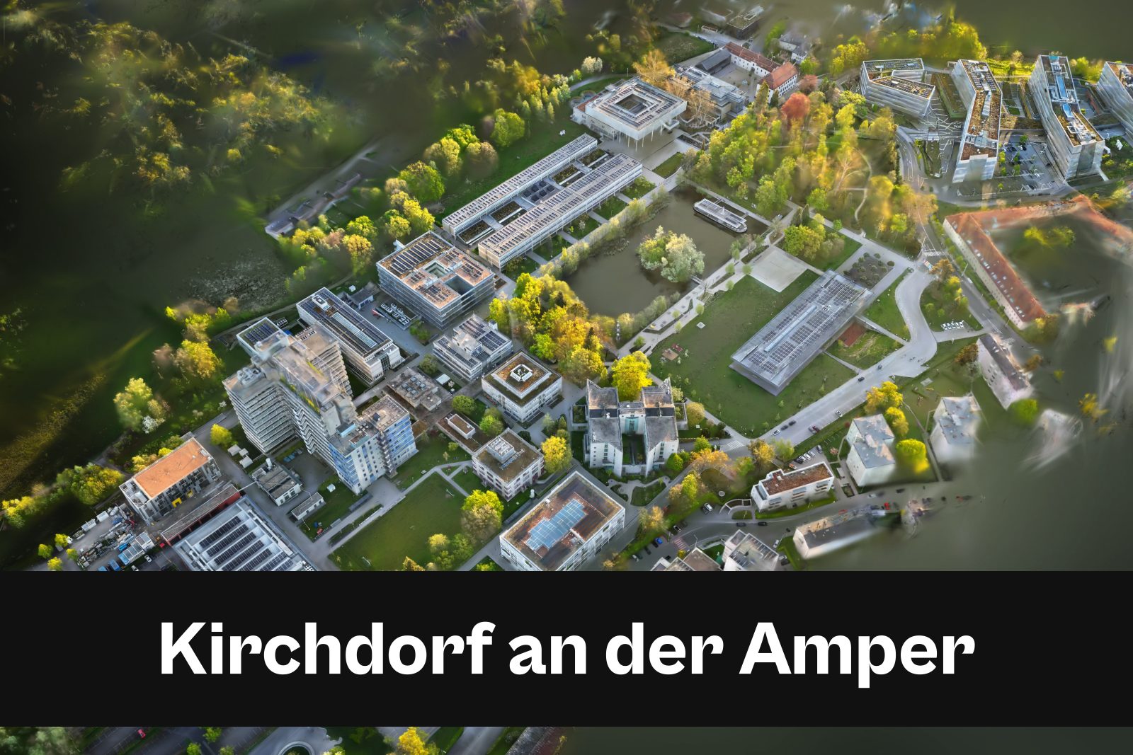 Drohnenaufnahme mit Standort-Badge für Kirchdorf an der Amper im Landkreis Freising