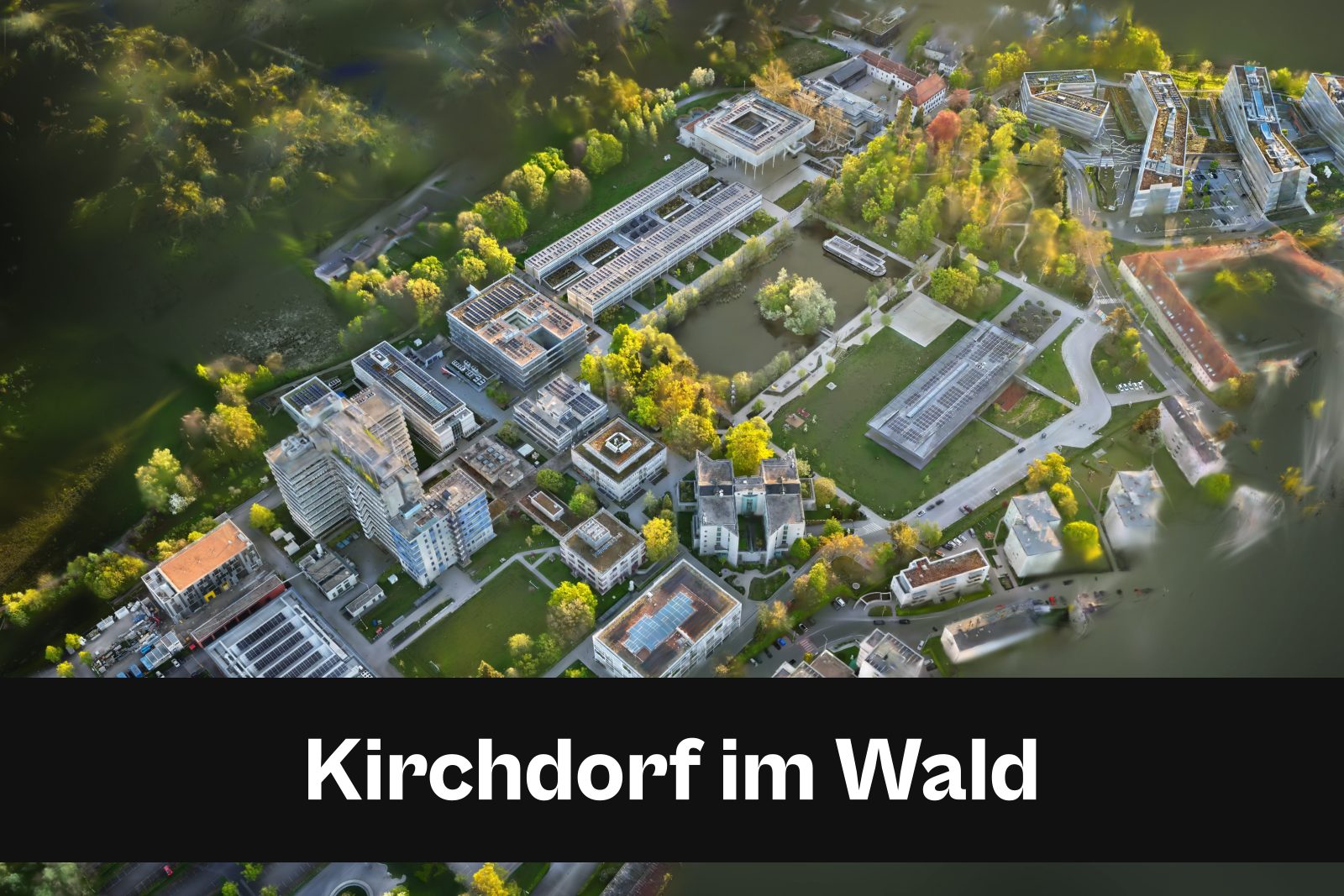 Drohnenaufnahme mit Standort-Badge für Kirchdorf im Wald im Landkreis Regen