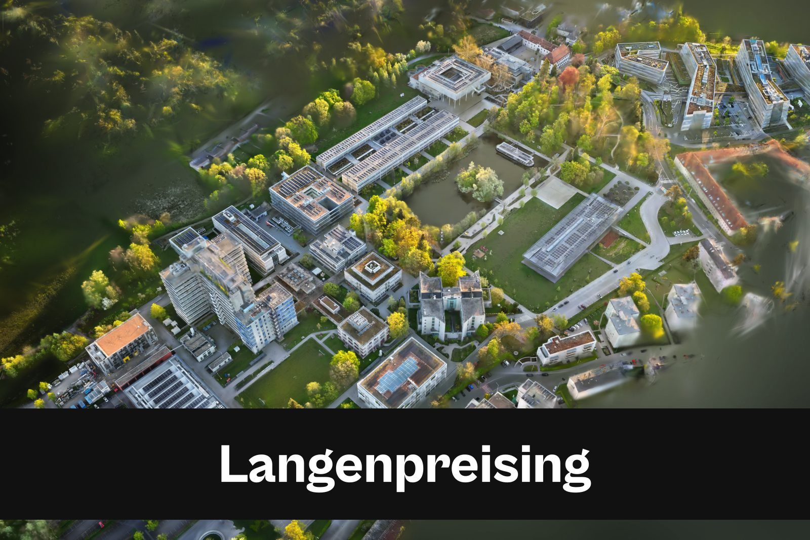 Drohnenaufnahme mit Standort-Badge für Langenpreising im Landkreis Erding