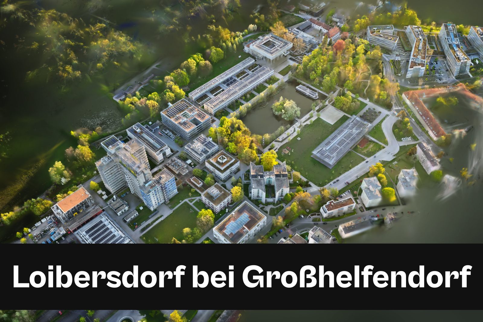 Drohnenaufnahme mit Standort-Badge für Loibersdorf bei Großhelfendorf im Kreisfreie Stadt München und Landkreis München