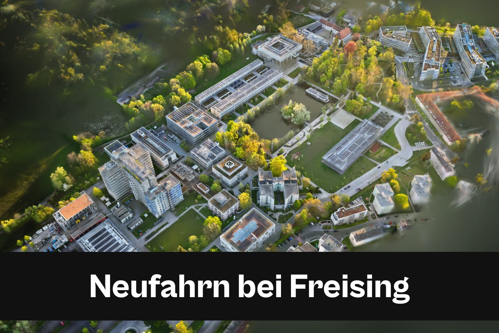 Drohnenaufnahme mit Standort-Badge für Neufahrn bei Freising im Landkreis Freising