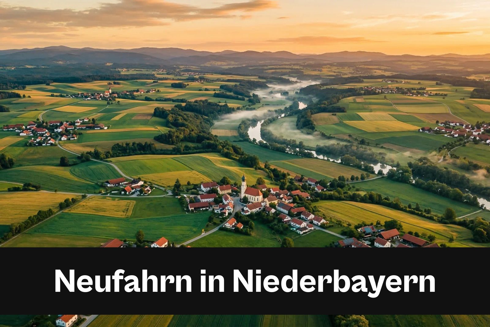 Drohnen-Luftaufnahme aus Neufahrn in Niederbayern mit Standort-Badge
