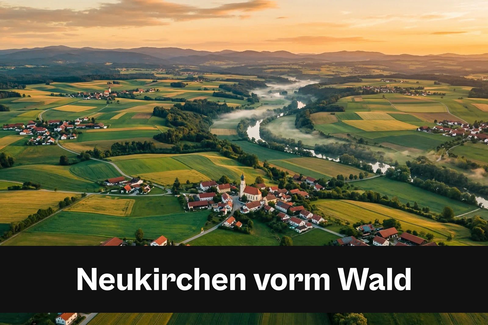 Drohnen-Luftaufnahme aus Neukirchen vorm Wald mit Standort-Badge