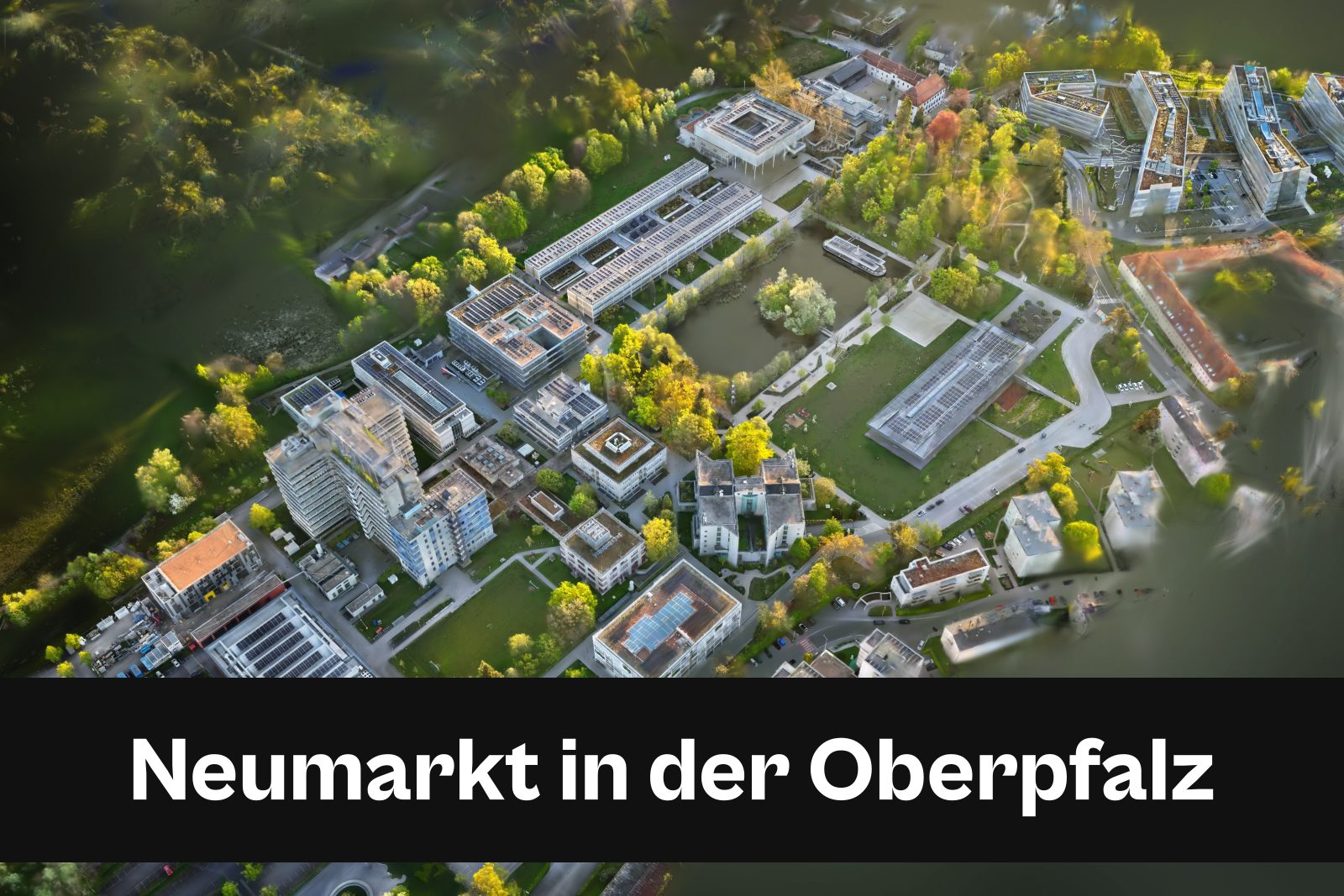 Drohnenaufnahme mit Standort-Badge für Neumarkt in der Oberpfalz im Landkreis Neumarkt in der Oberpfalz