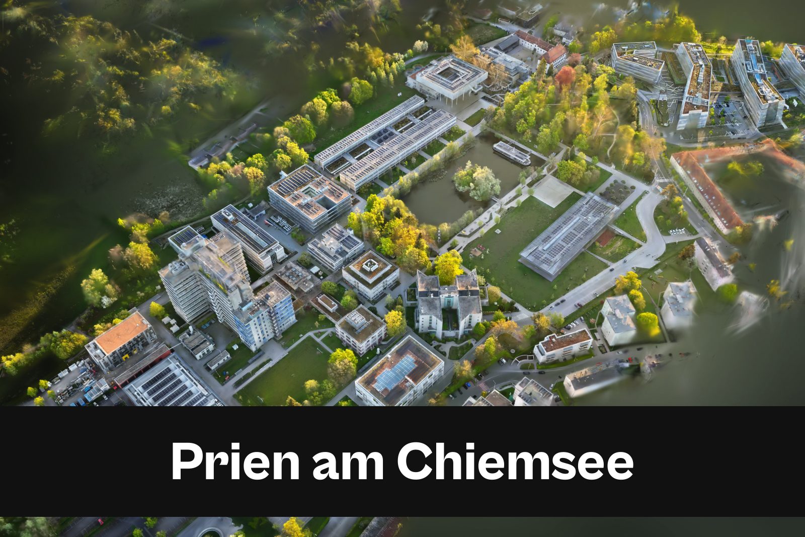 Drohnenaufnahme mit Standort-Badge für Prien am Chiemsee im Kreisfreie Stadt Rosenheim und Landkreis Rosenheim