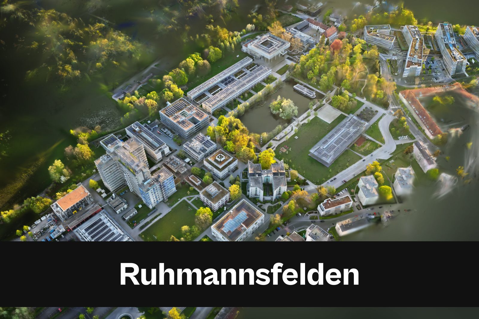 Drohnenaufnahme mit Standort-Badge für Ruhmannsfelden im Landkreis Regen