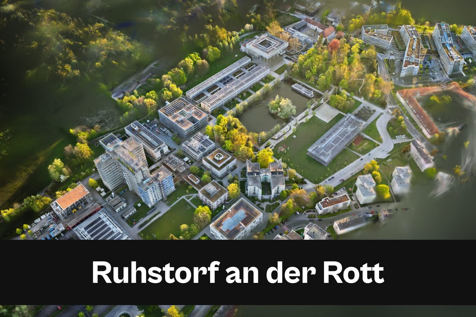 Drohnenaufnahme mit Standort-Badge für Ruhstorf an der Rott im Kreisfreie Stadt Passau und Landkreis Passau