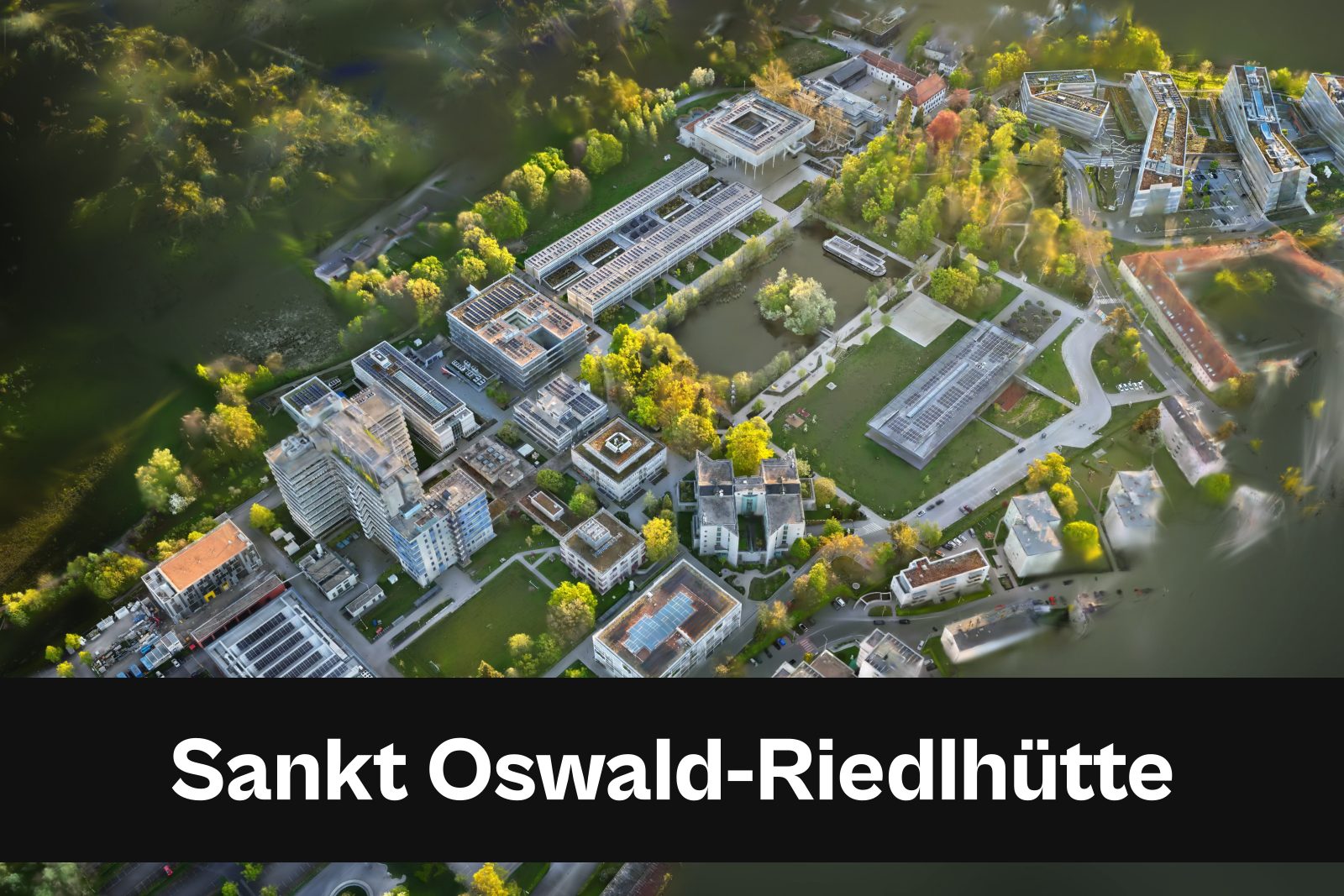 Drohnenaufnahme mit Standort-Badge für Sankt Oswald-Riedlhütte im Landkreis Freyung-Grafenau