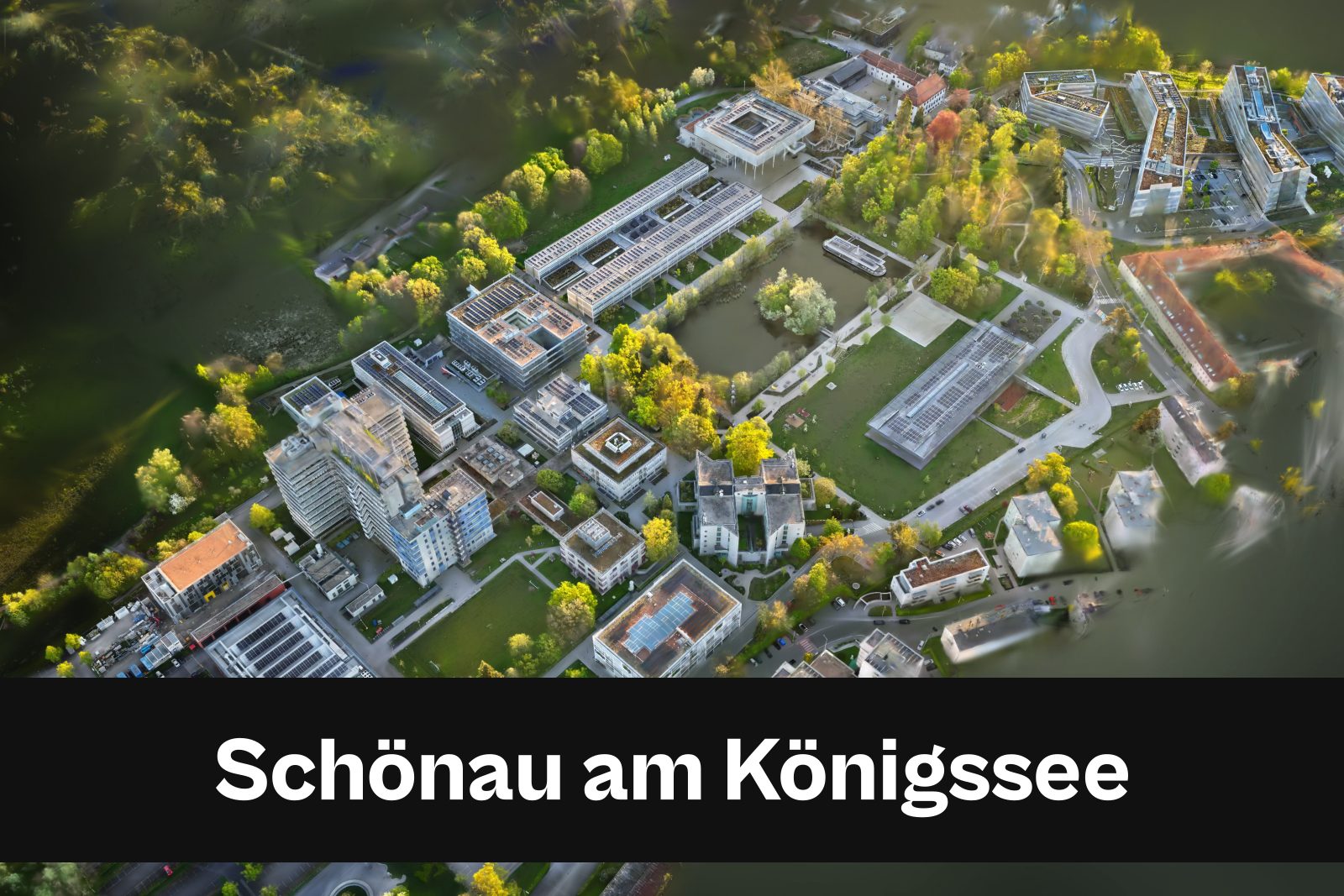 Drohnenaufnahme mit Standort-Badge für Schönau am Königssee im Landkreis Berchtesgadener Land