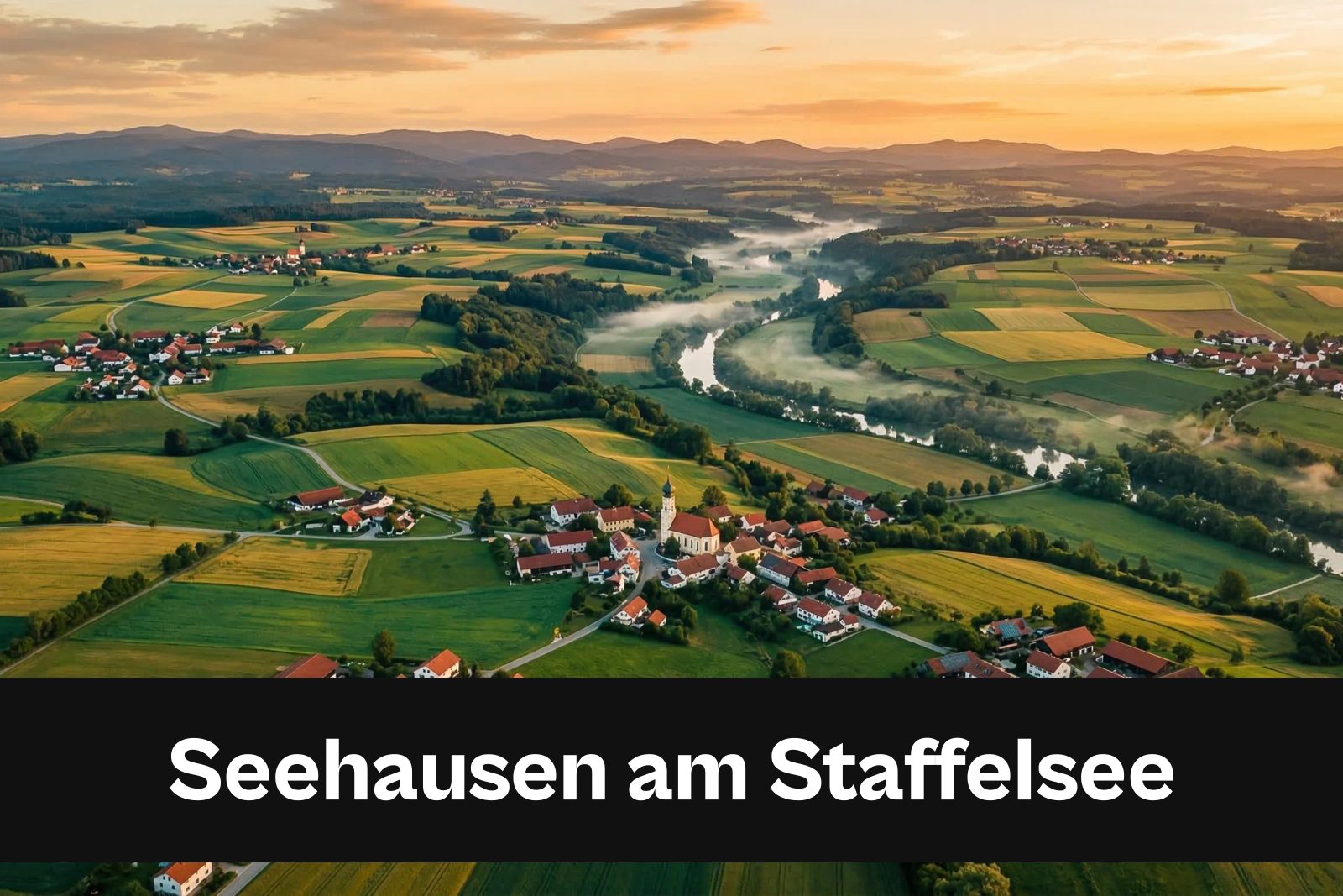 Drohnen-Luftaufnahme aus Seehausen am Staffelsee mit Standort-Badge