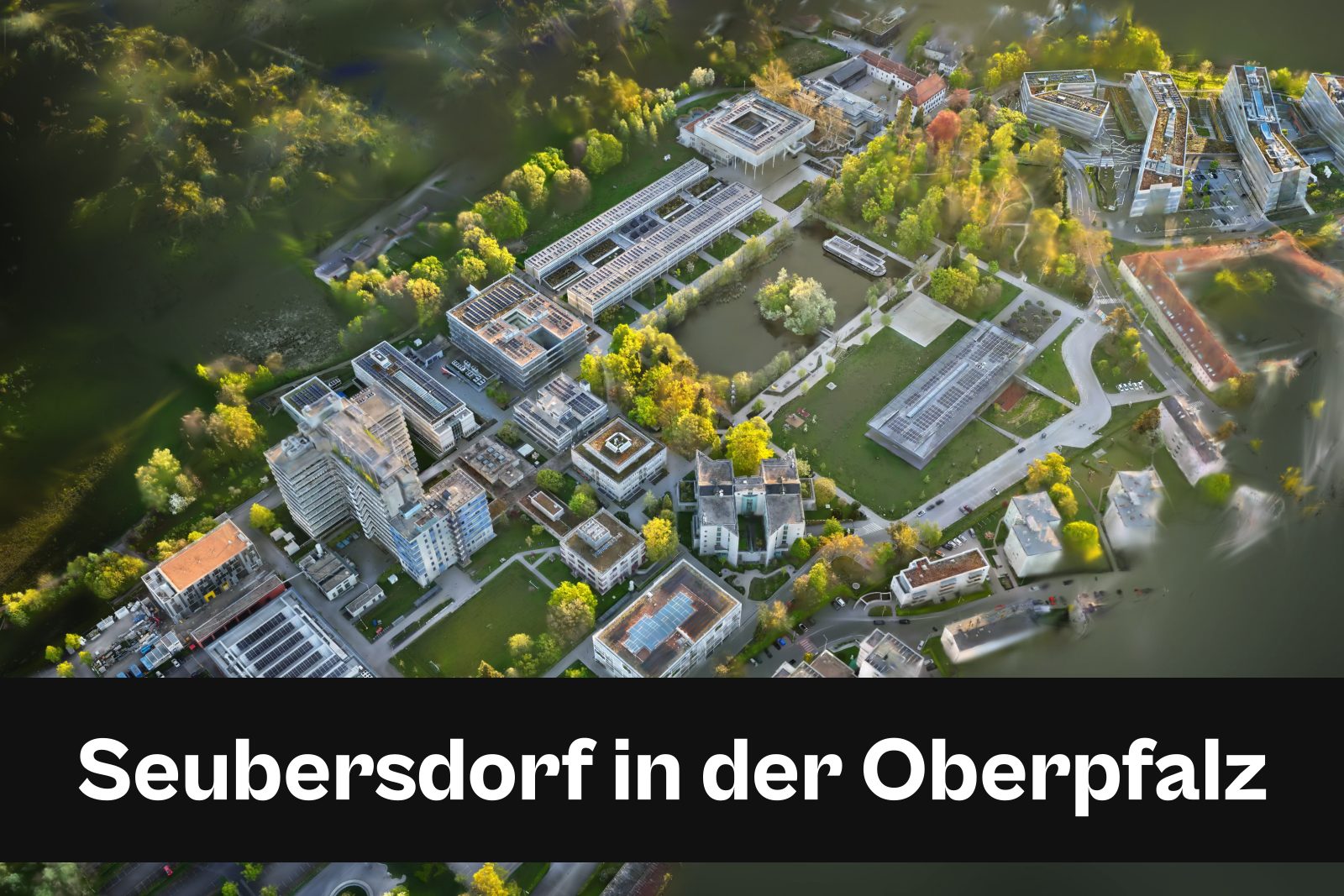 Drohnenaufnahme mit Standort-Badge für Seubersdorf in der Oberpfalz im Landkreis Neumarkt in der Oberpfalz