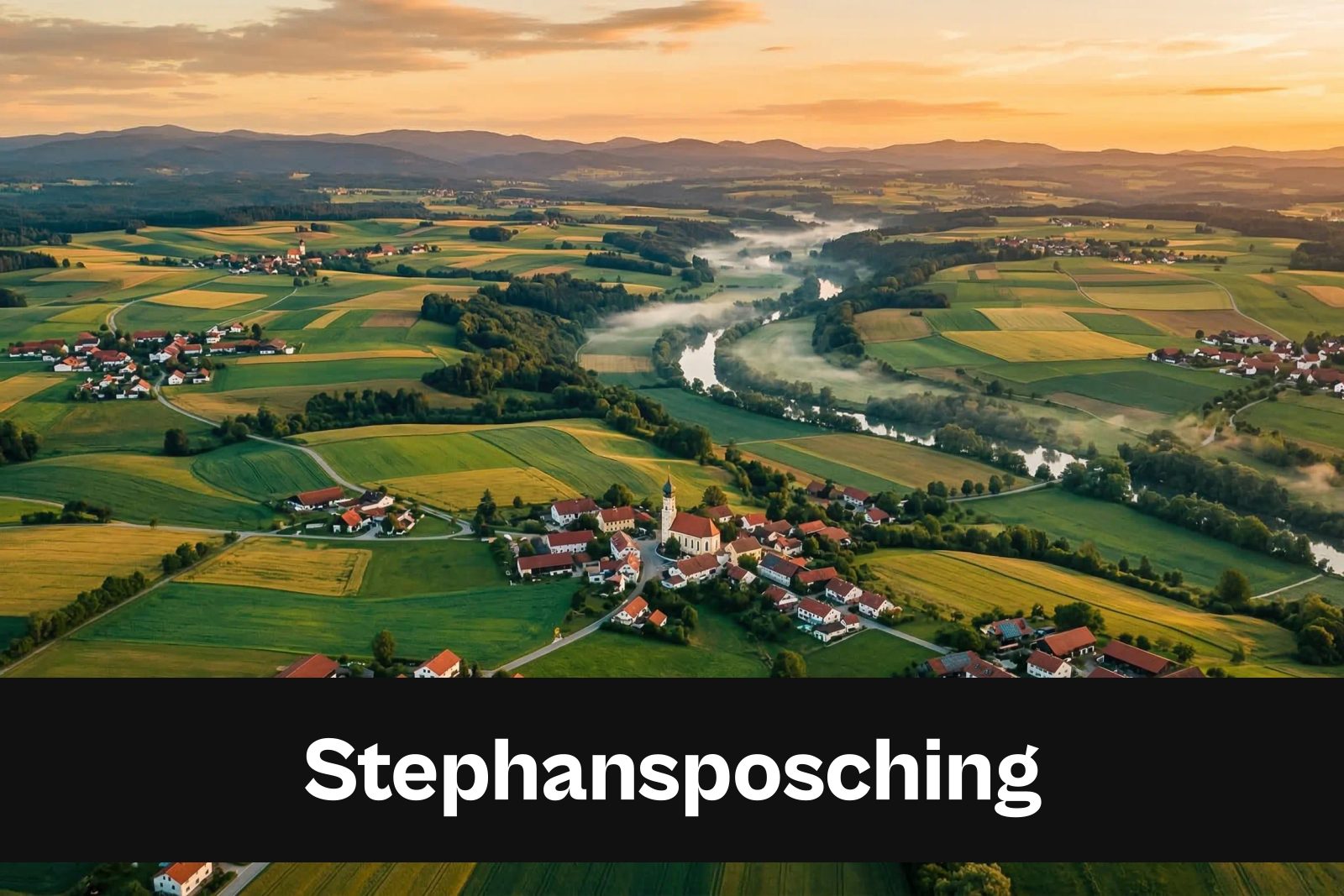 Drohnen-Luftaufnahme aus Stephansposching mit Standort-Badge
