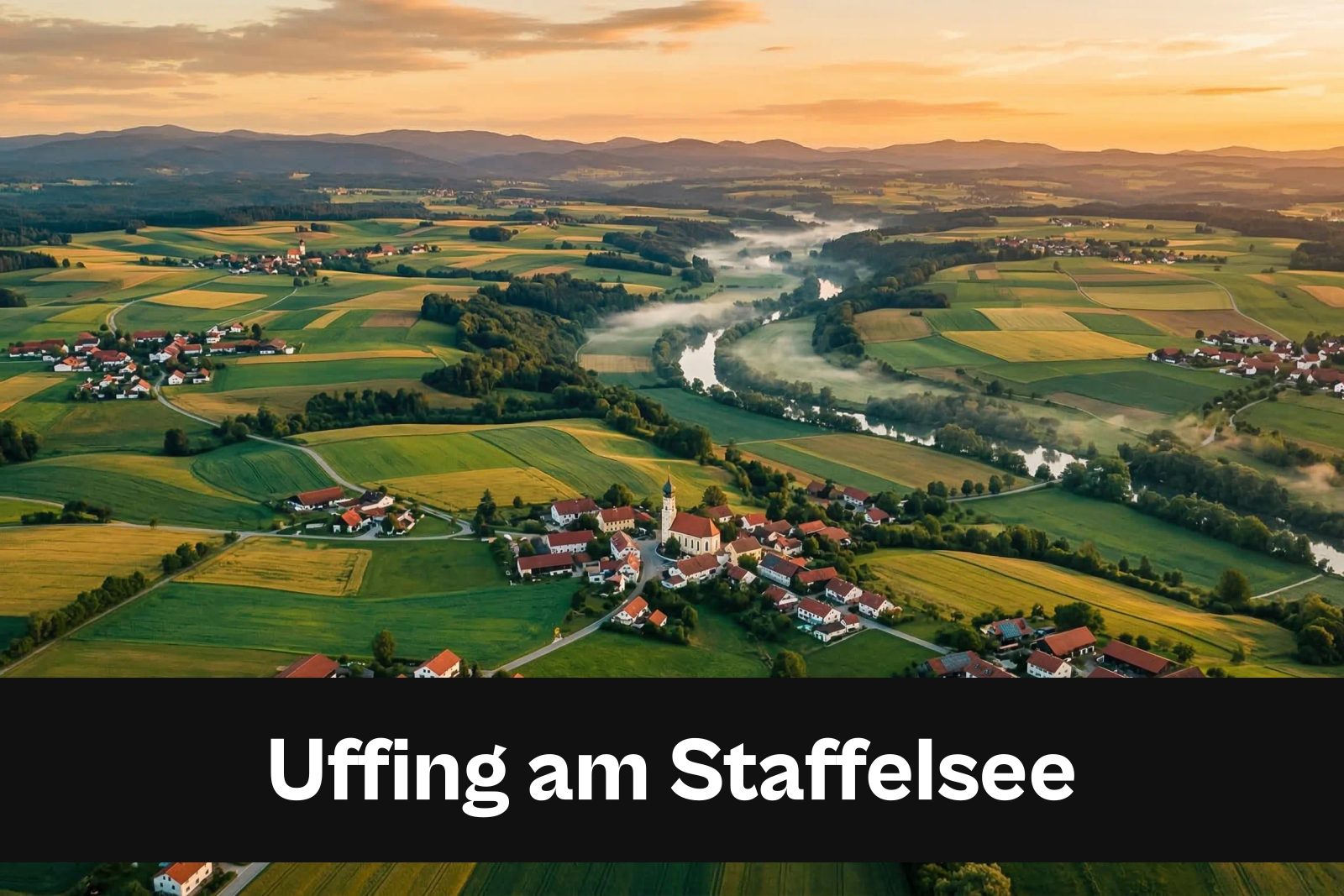 Drohnen-Luftaufnahme aus Uffing am Staffelsee mit Standort-Badge