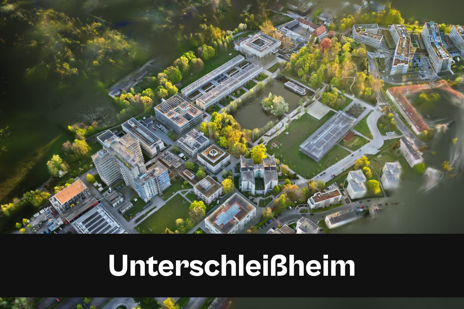 Drohnenaufnahme mit Standort-Badge für Unterschleißheim im Kreisfreie Stadt München und Landkreis München