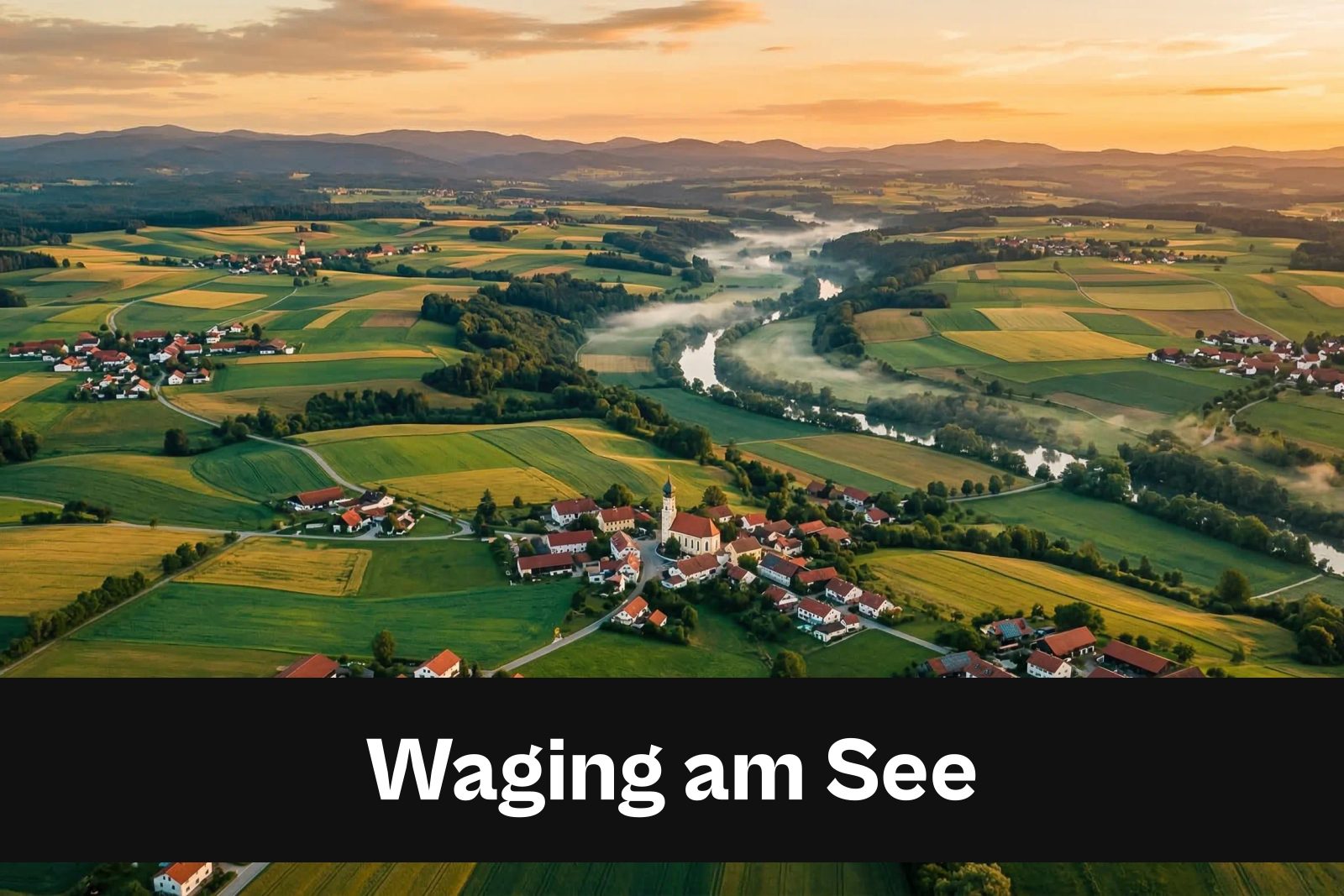 Drohnen-Luftaufnahme aus Waging am See mit Standort-Badge